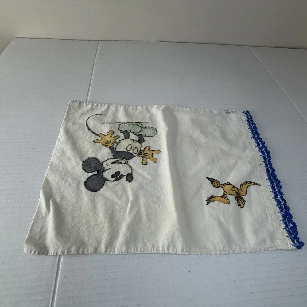 Vintage Cross Stitch‎ Mickey Mouse & Bird White Pillow Case Blue Crochet Small